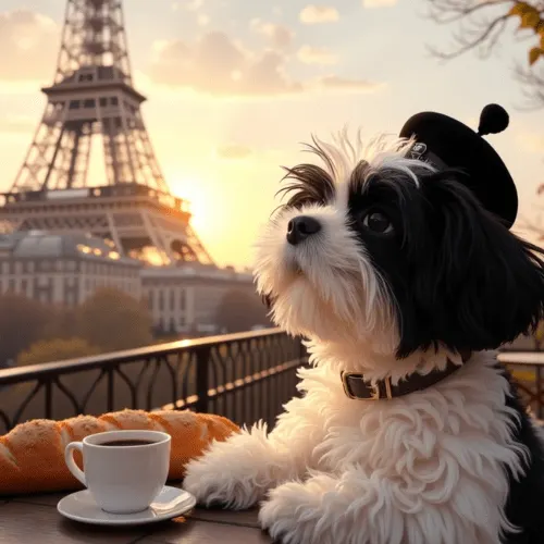 AI image of a dog eating a baquette at a cafe in front of the Eiffel Tower