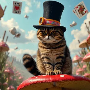 AI image of a cat standing on a mushroom wearing a hat, similar to Alice in Wonderland's Mad Hatter