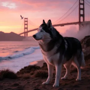 AI image of a husky dog by the Golden Gate Bridge