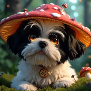 AI image of a dog wearing a mushroom hat