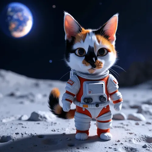 AI image of a cat in standing on the moon in a spacesuit
