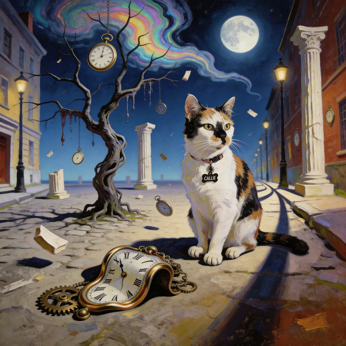 Callie in a surreal dreamscape with glowing skies and soft clouds