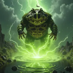 AI image of a giant frog monster with green skin standing in a swamp