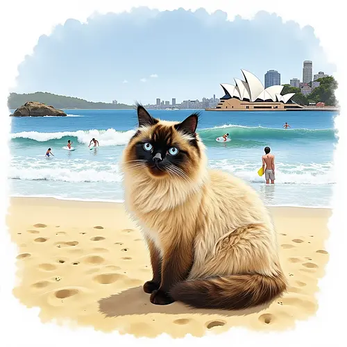 AI-generated pet image on an Australian shoreline