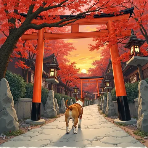 AI-generated pet image in a Japanese garden street