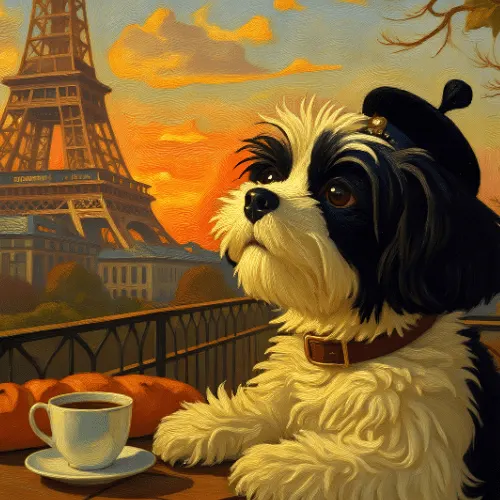 AI image of a dog eating a baguette at a cafe in front of the Eiffel Tower as a watercolor painting